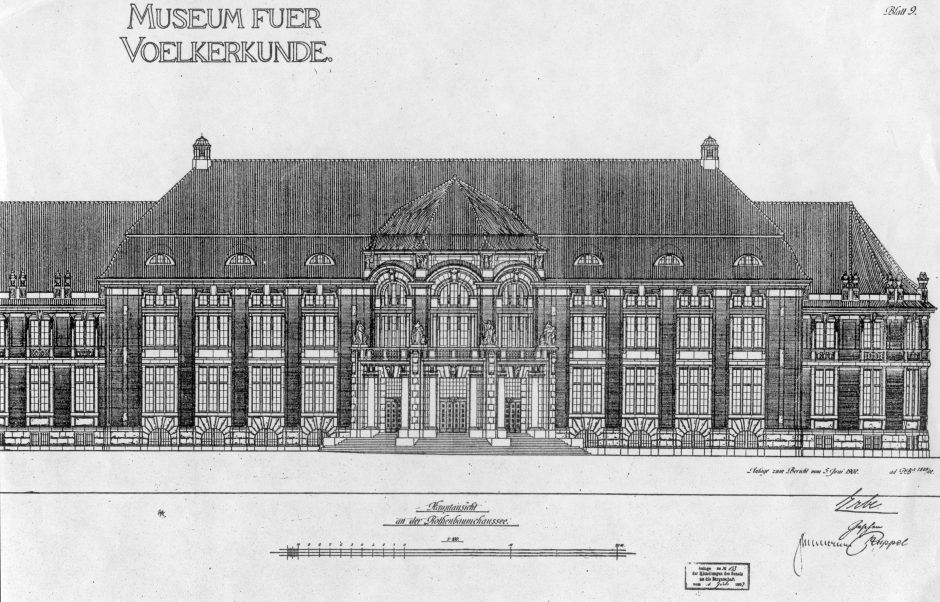 Architectural drawing of the museum at the Rothenbaumchaussee – © MARKK Drawing, building, front view, frontage, museum at the Rothenbaumchaussee